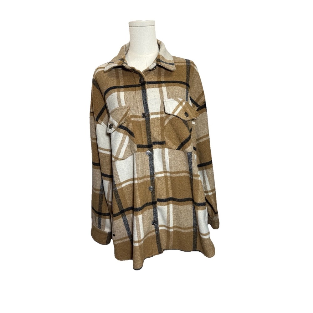 RSQ Womens Tan/Black Cream Shirt Jacket Flannel Button Up Pockets Size XL